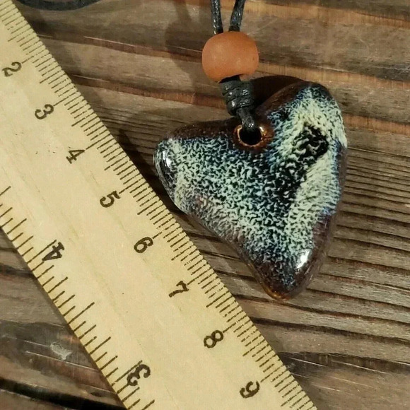 Handcrafted Artsy Heart Glazed Blue Brown Cream Porcelain Pendant Necklace - Picture 6 of 7